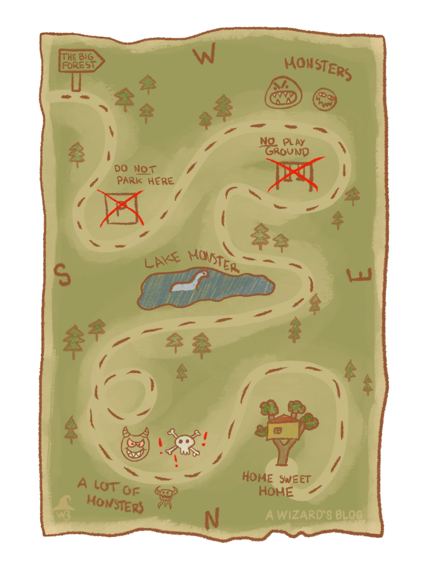 Map showing the way to a wizard’s tree hut.