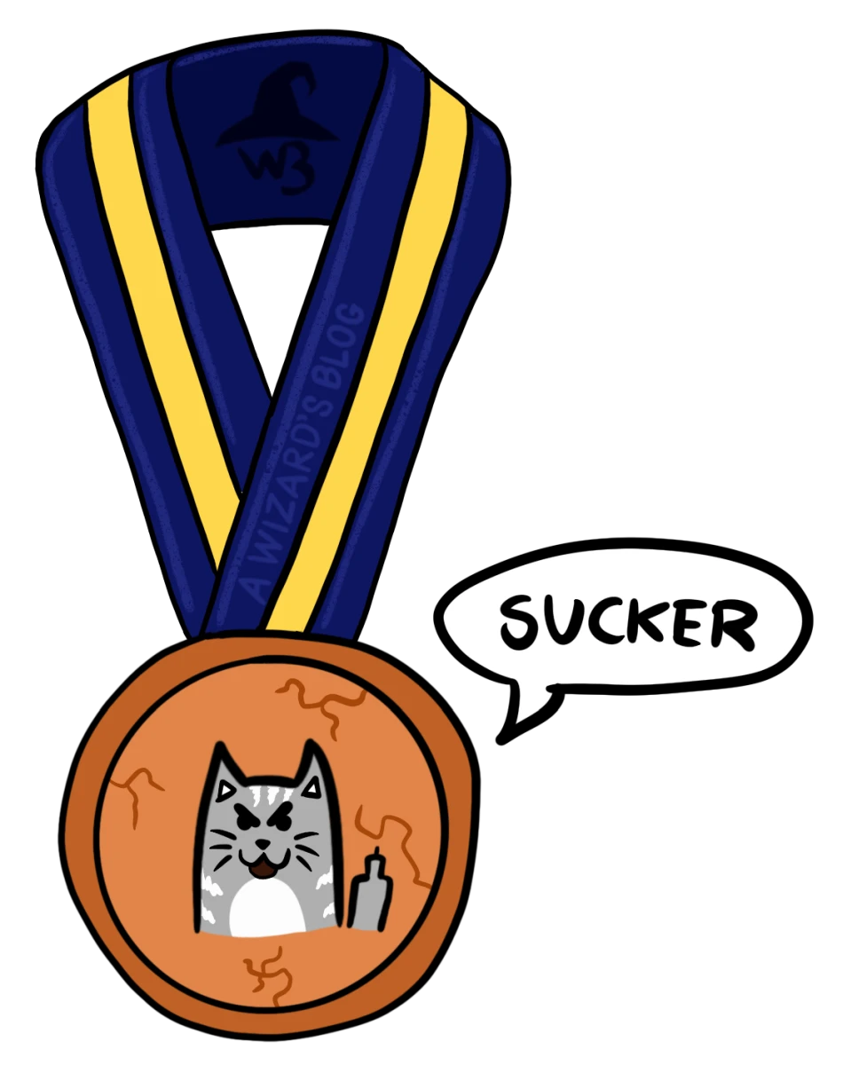 Bronze medal with a motif of a cat showing its middle finger and saying: "Sucker".