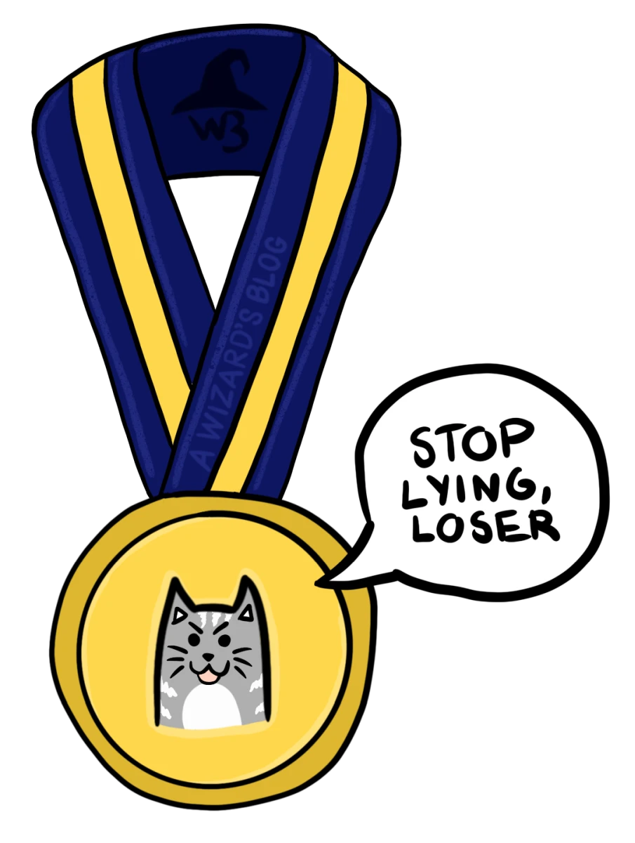 Gold medal with a motif of a cat saying: "Stop lying, loser".