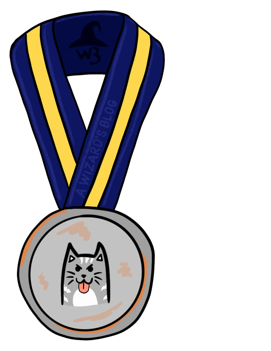 Silver medal with a motif of a cat sticking out its tongue.