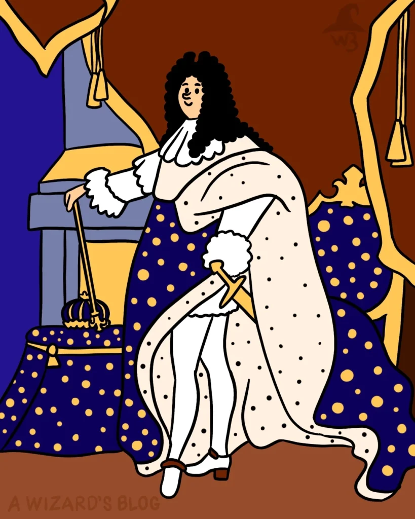 Drawing of Louis XIV with blue robes with yellow dots.