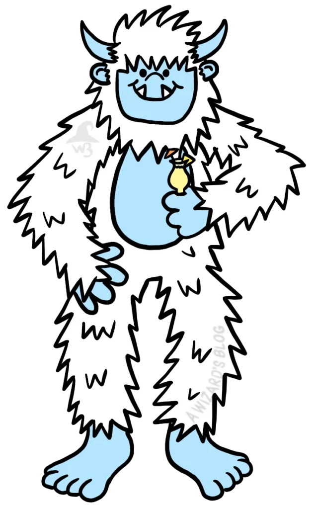 Happy yeti holding a piña colada.