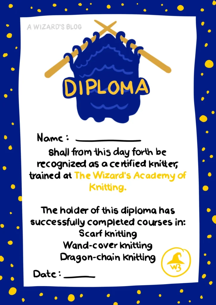 Knitting diploma from the Wizard's Academy of Knitting.