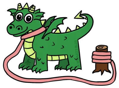Dragon chained to a tree with a pink robe.