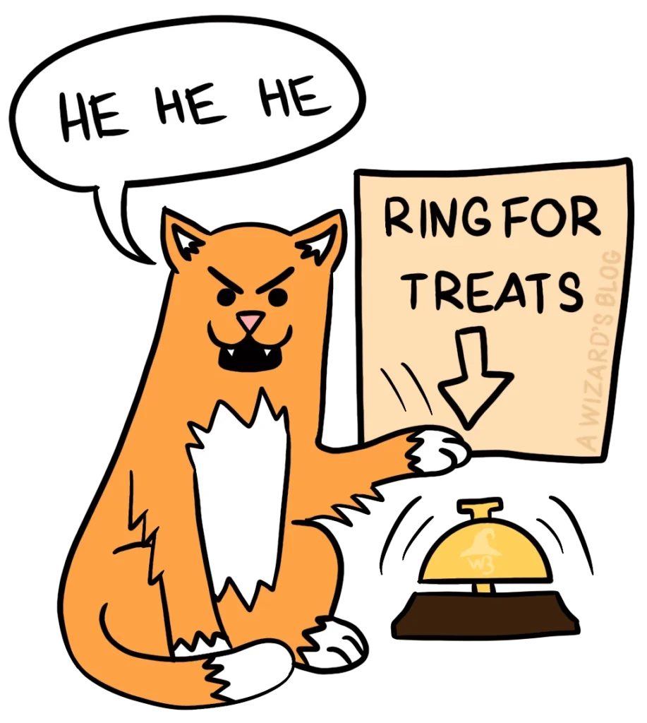 Cat laughing while ringing a bell. Above the bell there's a sign that says: "Ring for treats".