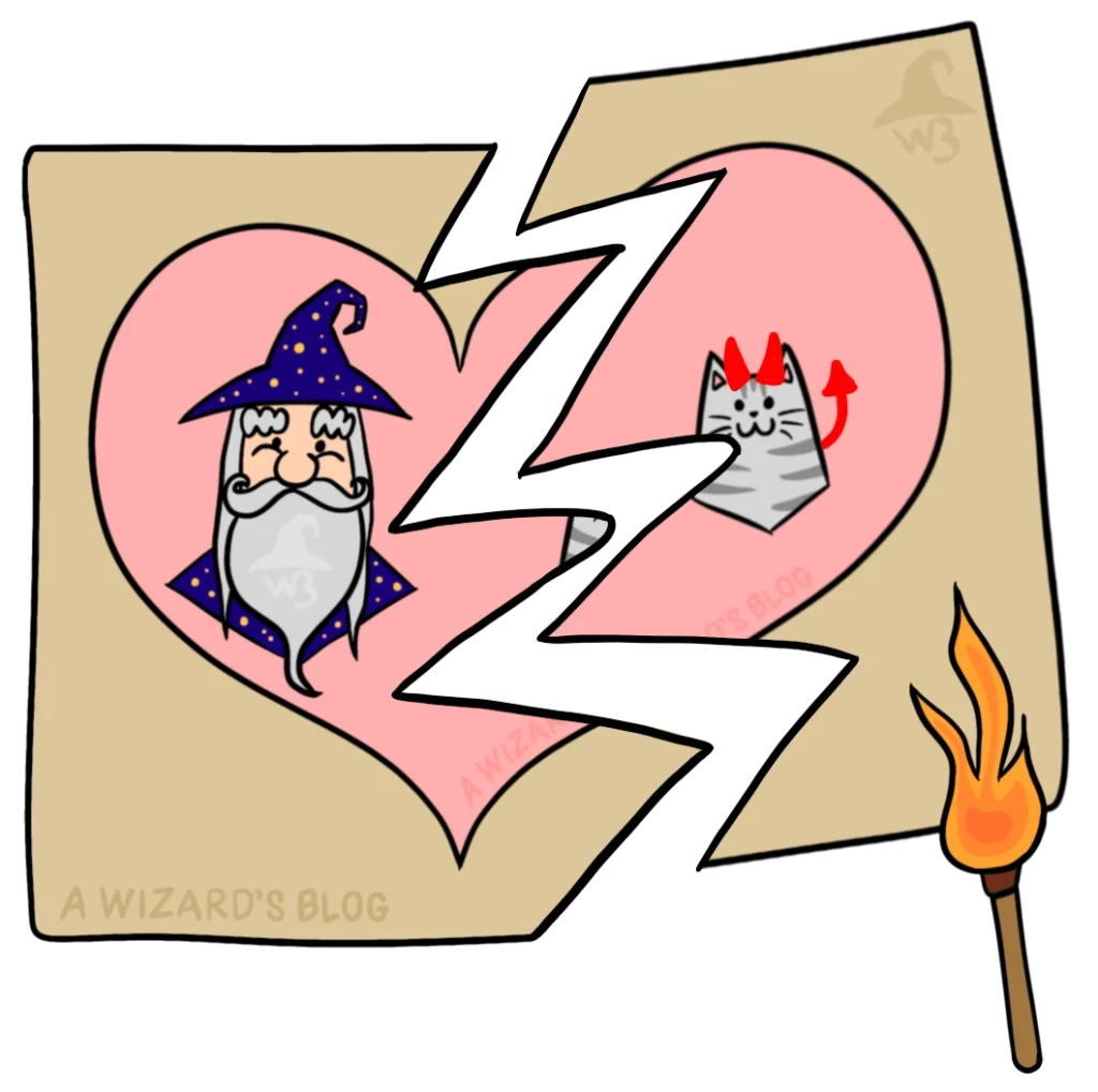 Picture of a wizard and his cat torn apart with a burning match held towards it. The cat has devil horns and a tail.