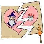 Picture of a wizard and his cat torn apart with a burning match held towards it. The cat has devil horns and a tail.