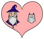 Pink heart with wizard and his cat inside.