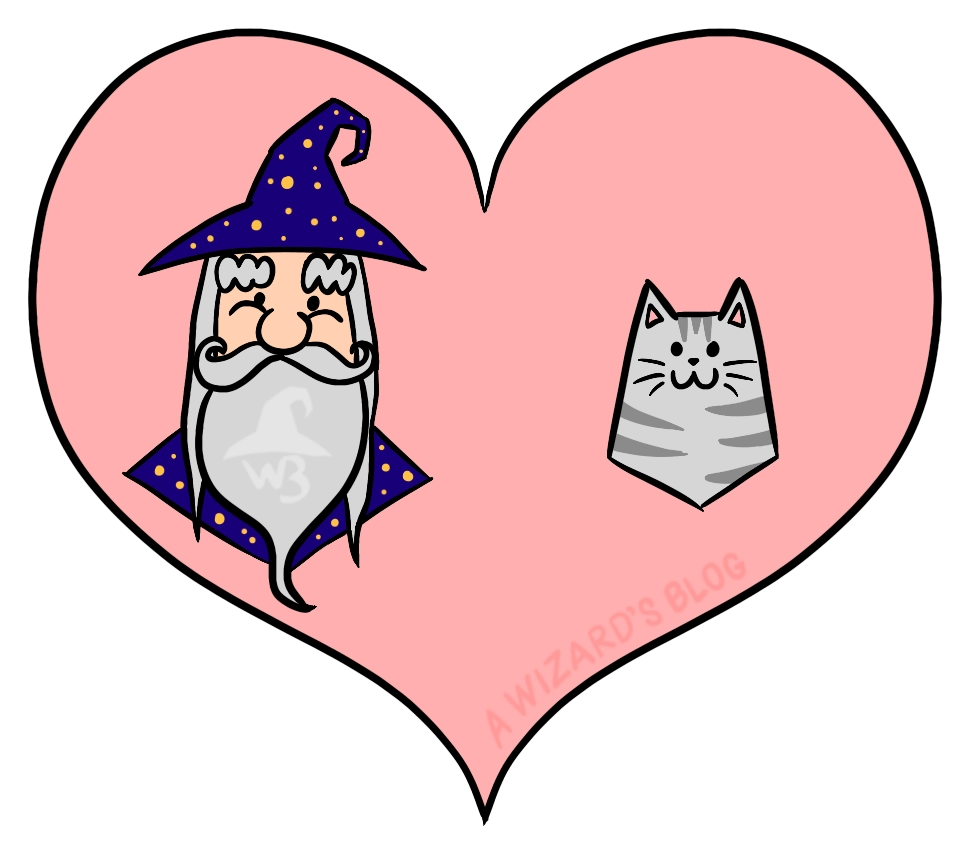 Pink heart with wizard and his cat inside.