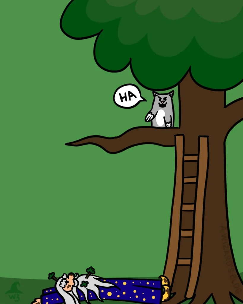 Cat in tree pointing and laughing at a wizard lying on the ground covered in twigs next to a ladder.