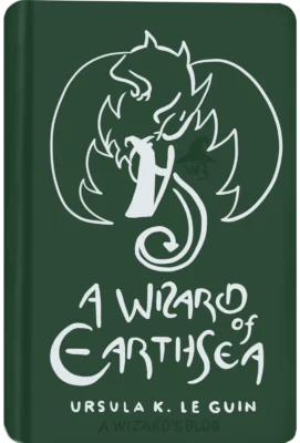 Drawing of Ursula K. Le Guin's A Wizard of EarthSea green book cover. The motive is a wizard and a dragon.