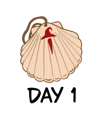 Drawing of camino pilgrim seashell with a read mark that looks like a christian cross but is also shaped like a wizard hat. Under the drawing there is text that says: "Day 1".