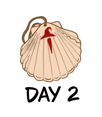 Drawing of camino pilgrim seashell with tiny cracks and a read mark that looks like a christian cross but is also shaped like a wizard hat. Under the drawing there is text that says: "Day 2".