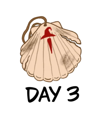 Drawing of camino pilgrim seashell with cracks and dirt and a read mark that looks like a christian cross but is also shaped like a wizard hat. Under the drawing there is text that says: "Day 3".