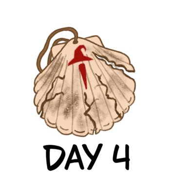 Drawing of camino pilgrim seashell with big cracks and dirt and a read mark that looks like a christian cross but is also shaped like a wizard hat. Under the drawing there is text that says: "Day 4".