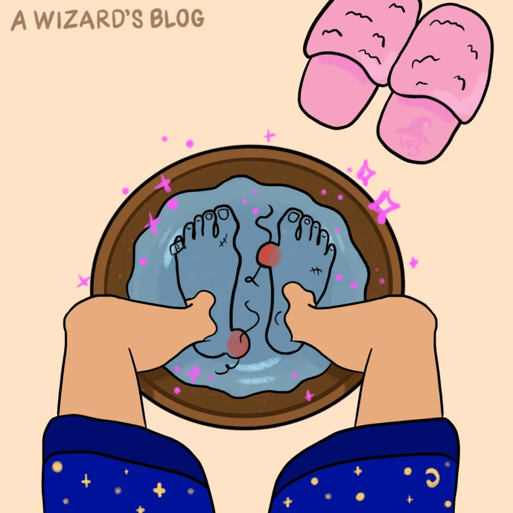 Drawing of feet in a magical footbath. There are a pair of pink slippers next to the footbath.
