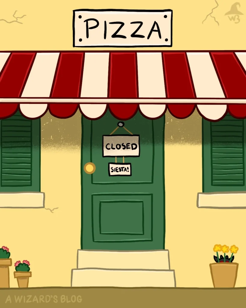 Drawing of a pizza place in Spain that is closed due to the siesta. There is a tiny black monster hiding behind a flower pot in the bottom right corner.