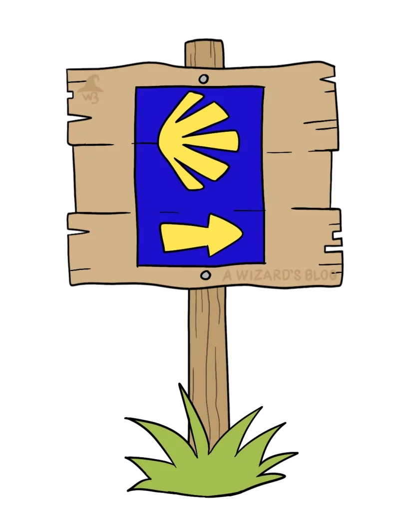 Drawing of an old wooden sign that shows the way with an arrow and a yellow clamshell on Camino de Santiago.