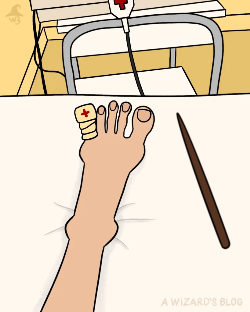 Drawing of a foot with a bandaged toe on a hospital bed. There is a magic wand lying beside the foot.