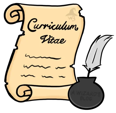 Curriculum vitae on old parchment with ink and quill.