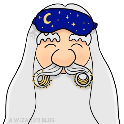 Old bearded man with sleep mask and beard curlers.