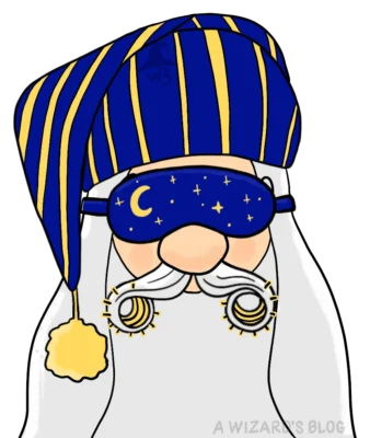 Old bearded man with nightcap and sleep mask and beard curlers.