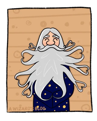 Old man lying on wooden floor with beard shaped like little hearts.