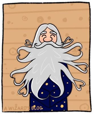 Old man lying on wooden floor with beard shaped like little hearts.