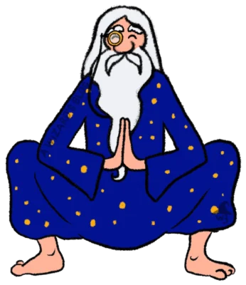 Wizard with monocle in yoga position frog squat.