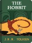Drawing of Tolkien's The Hobbit book cover with a dragon resting on a pile of gold inside the lonely mountain as the motive.